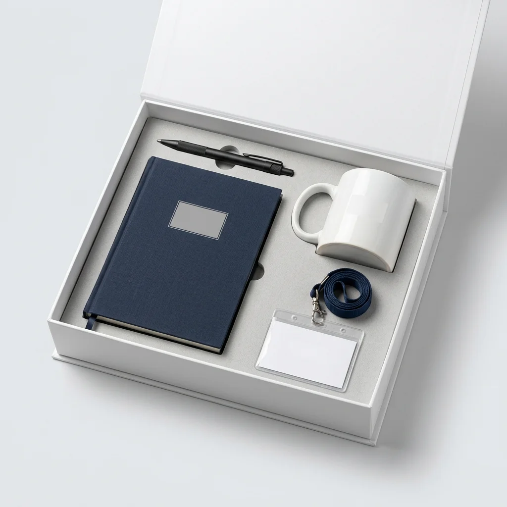Navy notebook, white mug, black pen and navy lanyard in an open white gift box