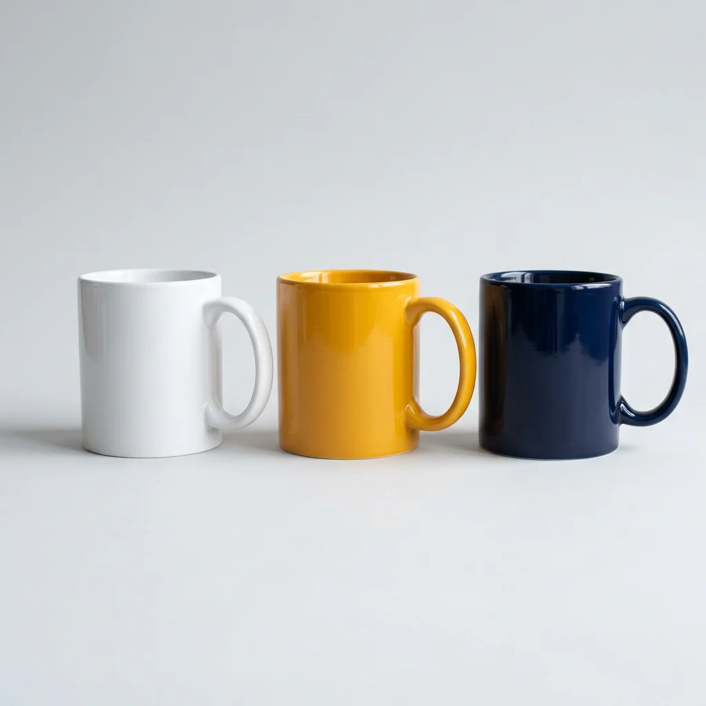 White, golden yellow and navy ceramic mugs in a row